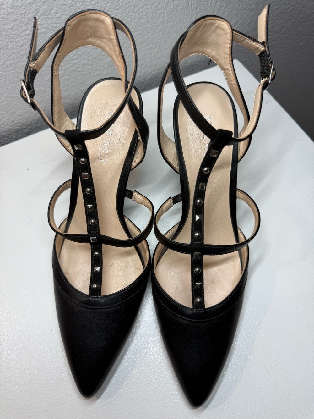 Nine West Black Studded T-Strap Pointed Toe Heels